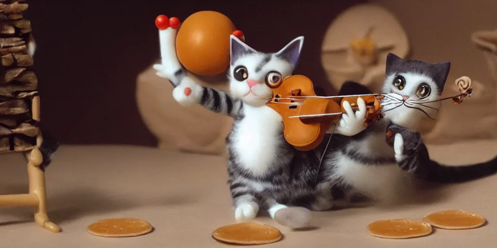 Image similar to a cat playing the fiddle while dancing on its hind legs on top of a round ball of Swiss cheese, in the style of claymation