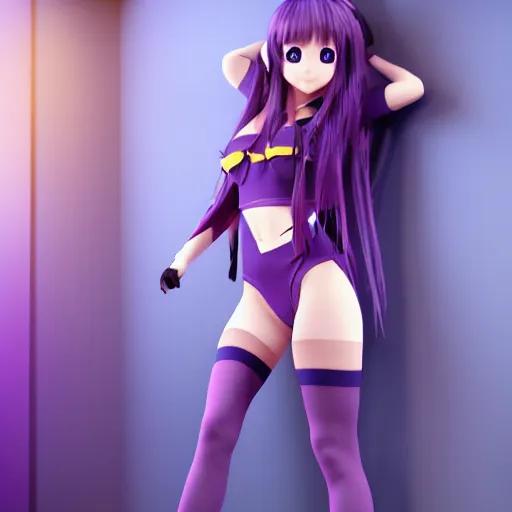 Prompt: a very beautiful 3d anime girl in a room, wearing thigh highs socks, unreal engine 5 4k render, hazler eyes, cute smile, trending on artstation, medium shot, long purple hair