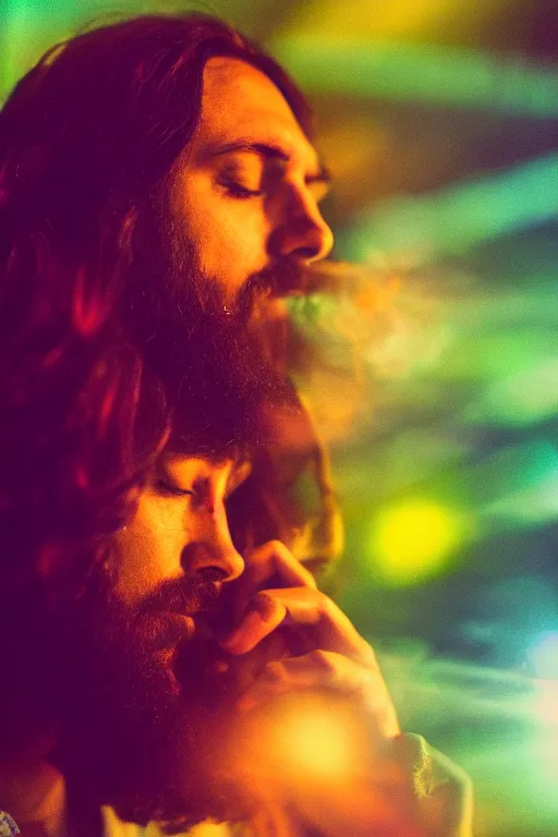 Image similar to studio photo of jesus smoking weed, colorful lighting, bokeh, 3 5 mm, dramatic ligting,