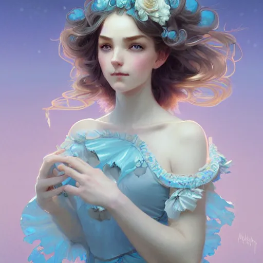 Prompt: Portrait of magical girl, dreamy and ethereal, pastel blue eyes, peaceful expression, ornate frilly dress, fantasy, intricate, elegant, dynamic lighting, highly detailed, digital painting, artstation, concept art, smooth, sharp focus, illustration, art by artgerm and greg rutkowski and alphonse mucha