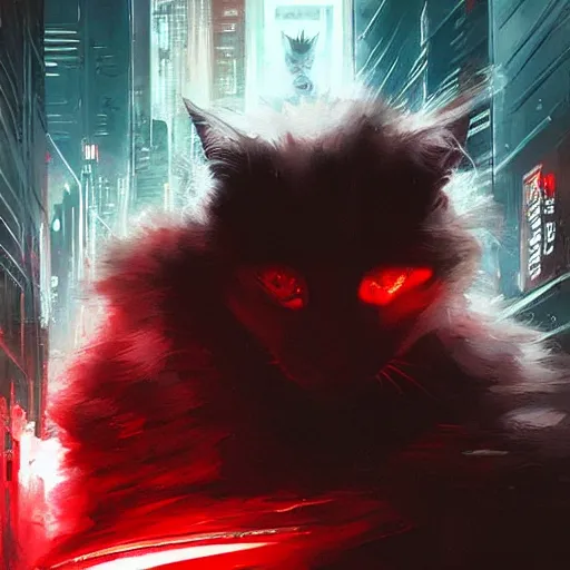Image similar to cyberpunk white fluffy cat, red symbol, futuristic, brush strokes, oil painting, city background, greg rutkowski