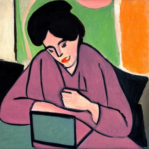 Prompt: woman watching youtube on her laptop, by matisse