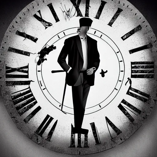 Prompt: Tommy Ingberg One man standing next to a much larger clock ultra detailed hd