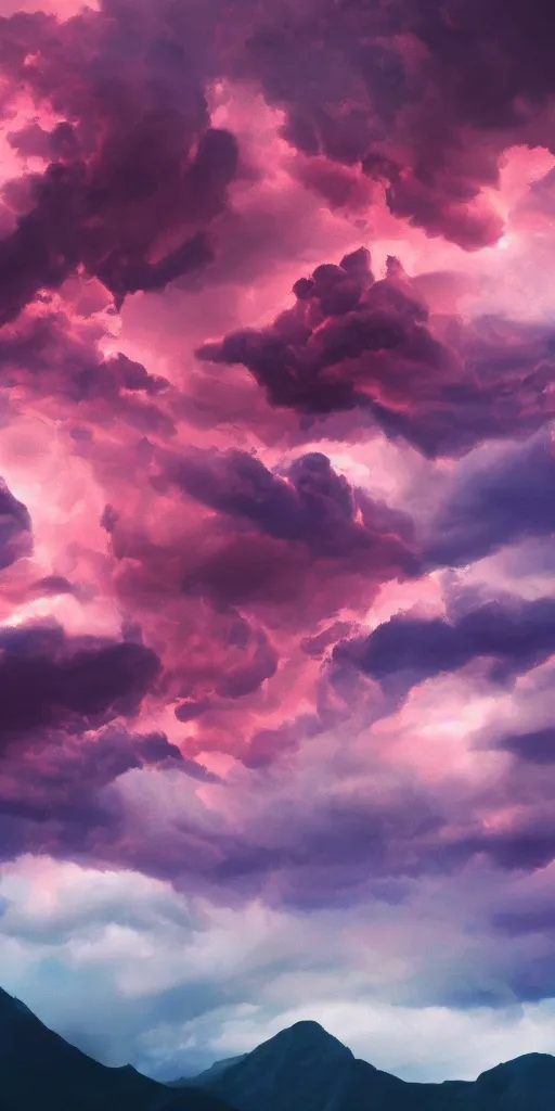 Image similar to high quality digital artwork of colorful purple red magical storm clouds around a tall mountain range