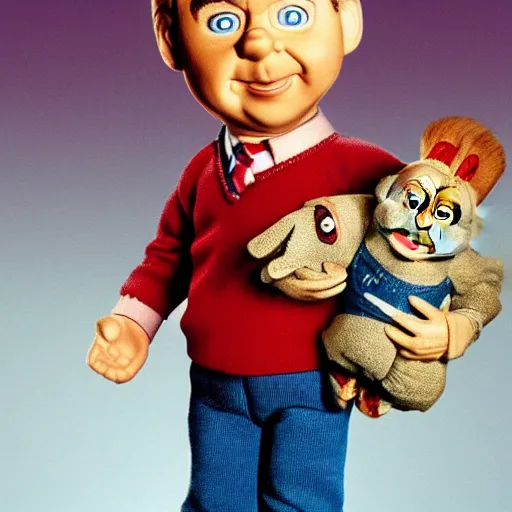 Image similar to photorealistic Mr. Rogers holding the Chucky doll from the movie Child's Play