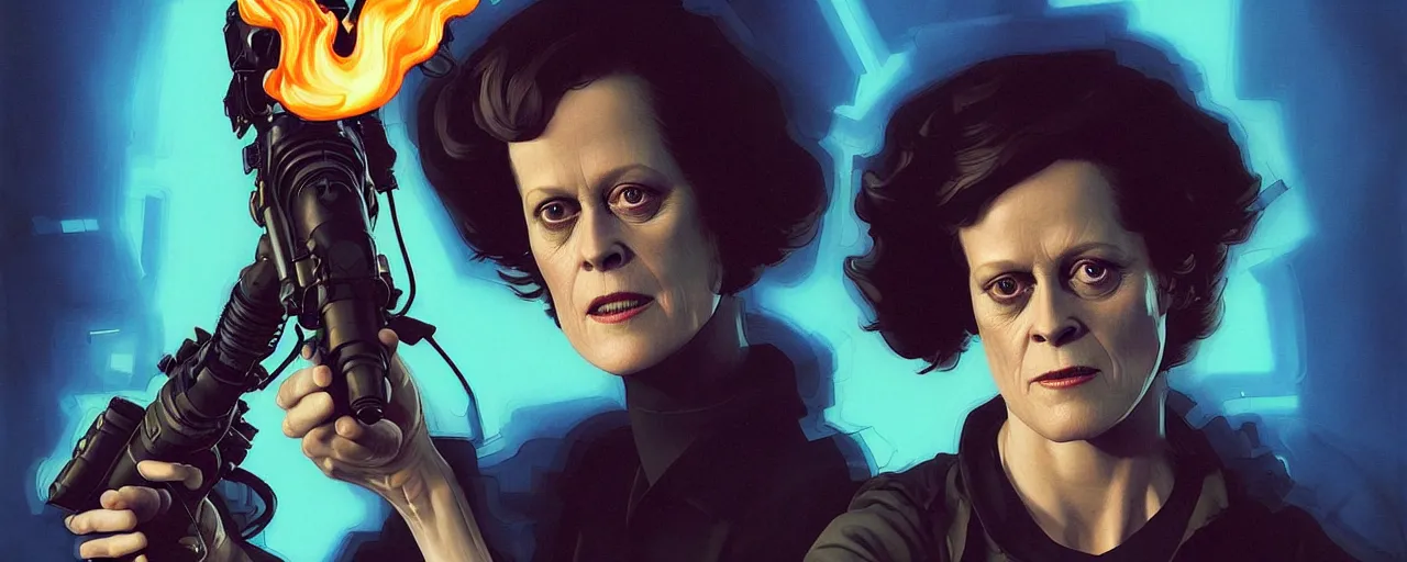 Image similar to duotone dark concept illustration 3 / 4 portrait of sigourney weaver as ellen ripley with flame thrower. cinematic volumentric lighting space. golden ratio accidental renaissance. by sachin teng and sergey kolesov and ruan jia and heng z. graffiti art, scifi, fantasy, hyper detailed. octane render. concept art. trending on artstation