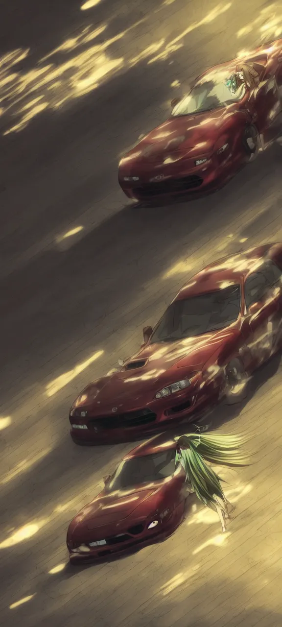 Prompt: anime screenshot of green jdm mazda rx - 7 with attack on titan transformation lighting coming from it drifting on wall maria from attack on titan, illustration, cinematic, blurry, long exposure, 4 k, spotlight, ray tracing reflections, ray traced