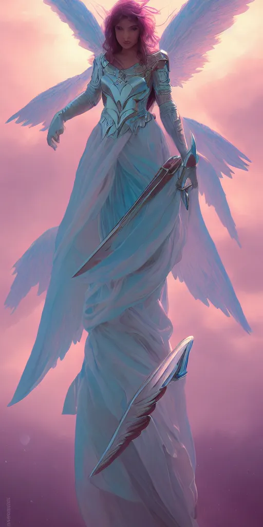 Image similar to angel with big wings, low key light, full plate armor with cloth, f 1 6, bokeh, extreme close up portrait, gentle, female, mountain, storm, god rays, landscape, d & d, fantasy, elegant, teal pink white gold color palette, concept art, moebius, greg rutkowski, alphonse mucha