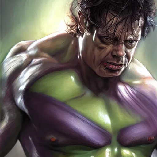 Image similar to steve buscemi as bruce banner turning into the hulk, epic pose, concept art, by artgerm and luis royo, cinematic