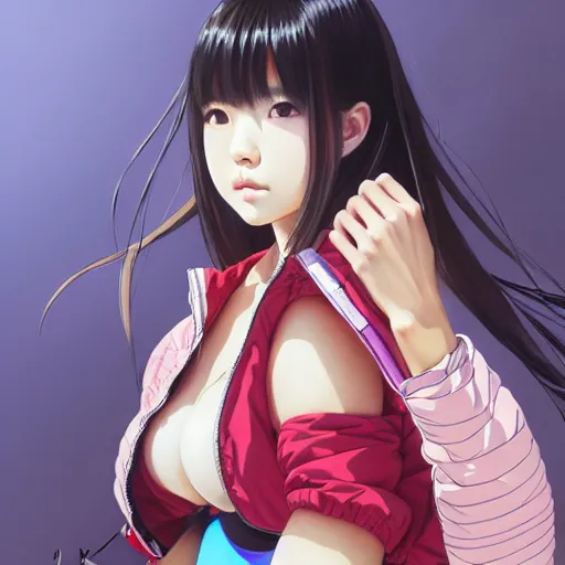 Image similar to a beautiful japanese lalisa alluring gravure model, wearing oversized designer bomber jacket and leotard, bulky poofy bomber jacket with mesoamerican patterns, mesoamerican native street fashion, gapmoe yandere grimdark, trending on pixiv fanbox, painted by greg rutkowski makoto shinkai takashi takeuchi studio ghibli, akihiko yoshida