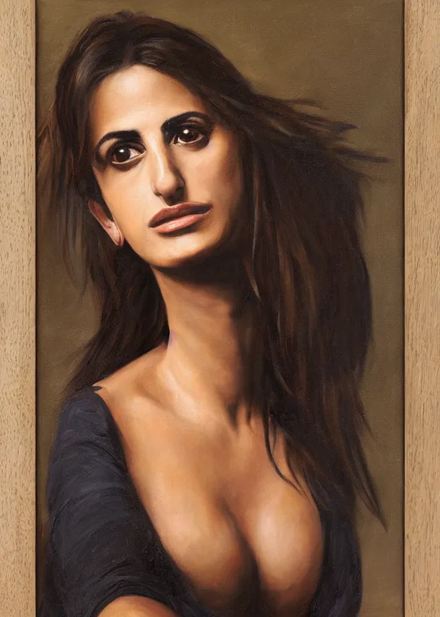 Image similar to oil painting, portrait of penelope cruz, artwork by caravaggio