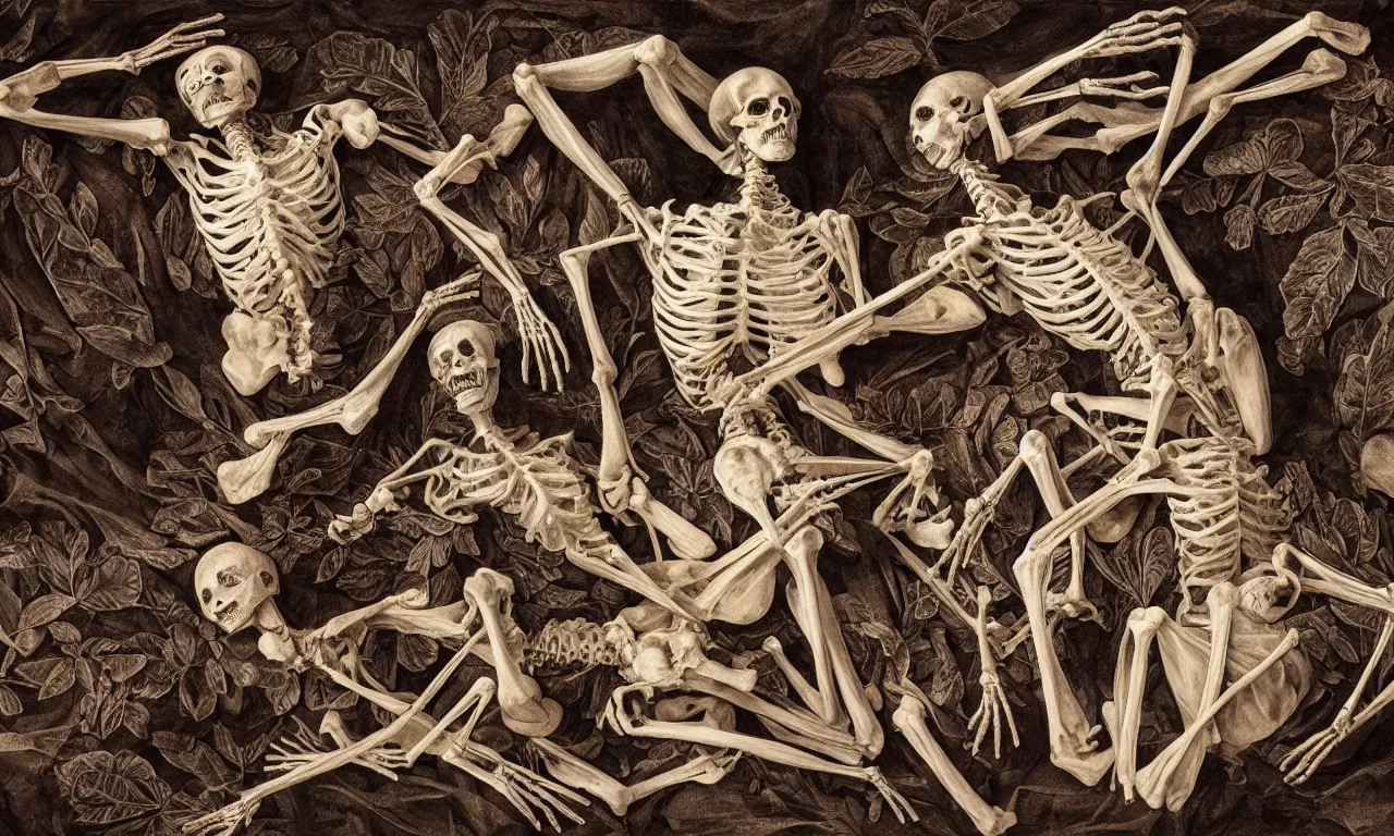 Prompt: intertwined bodies lying on a bed feeling an existential dread of love, HD Mixed media, highly detailed and intricate, skeletal, botany, surreal illustration in the style of Caravaggio, baroque dark art