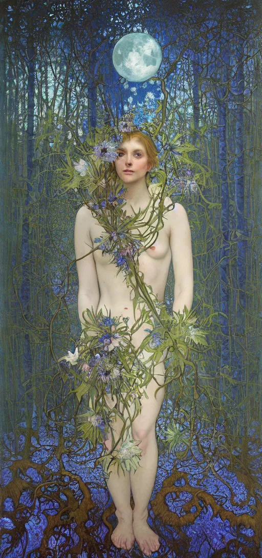 Image similar to painterly dreamy Kupala Night in the blue forest with trees which have eyes, giant flowers, glowing owls, deers, women, lianas, thistles, giant fantasy creatures, a stream and sky with moon and stars by Alphonse Mucha, Alex Grey, Aron Wiesenfeld and Giger dark fantasy, witcher, very detailed oil painting in the alla prima style, masterpiece, 8k