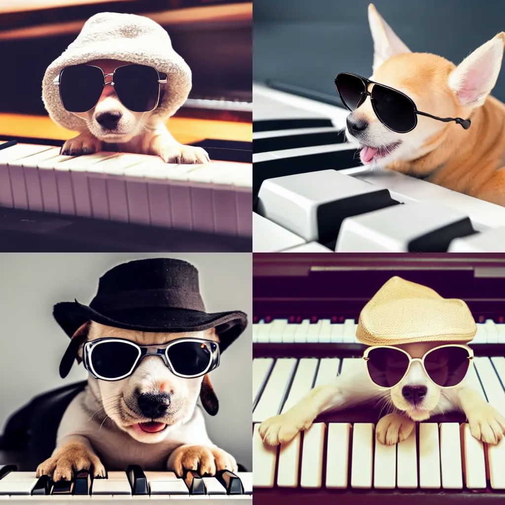 Prompt: a puppy wearing a hat and sunglasses playing a piano