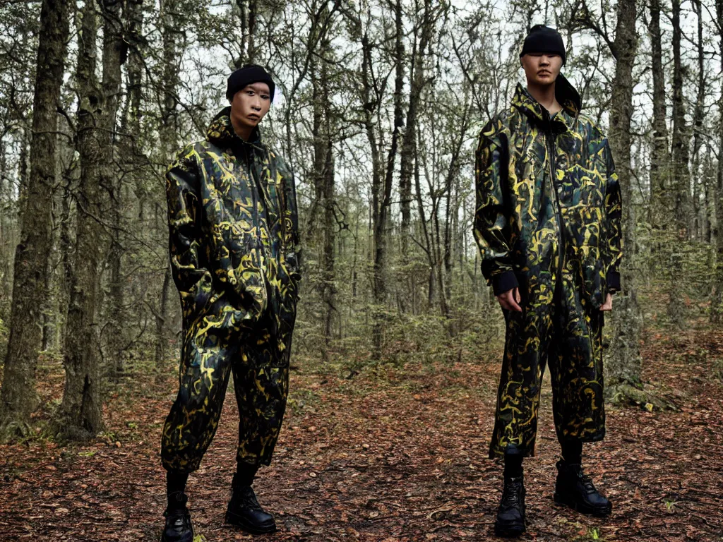 Image similar to versace avant garde oversized jacket arctic camouflage pants fur green gold necklace textiles streetwear cyberpunk buff fit japanese asian man shaved head in the woods overcast late evening dramatic professional color 8 k hdr