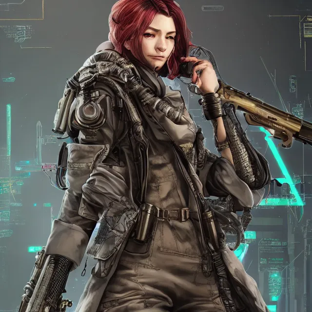 Image similar to the portrait of lawful neutral female cyberpunk infantry sniper as absurdly beautiful, gorgeous, elegant, young woman looking up, an ultrafine hyperdetailed illustration by kim jung gi, irakli nadar, intricate linework, bright colors, octopath traveler, final fantasy, unreal engine 5 highly rendered, global illumination, radiant light, detailed and intricate environment