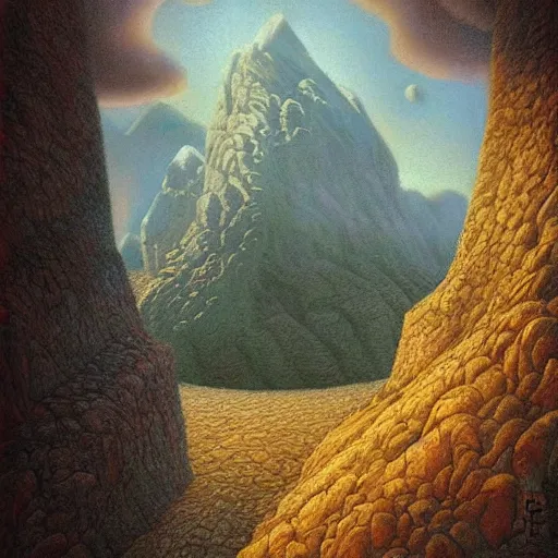 Image similar to beautiful scene from a dream. mountains. digital artwork by vincent bons, michael whelan, remedios varo and gerardo dottori. grainy and rough. interesting pastel colour palette. beautiful light. oil and water colour based on high quality render.