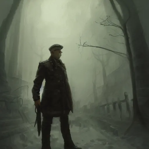 Prompt: soviet policeman, fog, darkness, evil, magic the gathering artwork, D&D, fantasy, cinematic lighting, centered, symmetrical, highly detailed, digital painting, artstation, concept art, smooth, sharp focus, illustration, volumetric lighting, epic Composition, 8k, art by Akihiko Yoshida and Greg Rutkowski and Craig Mullins, oil painting, cgsociety