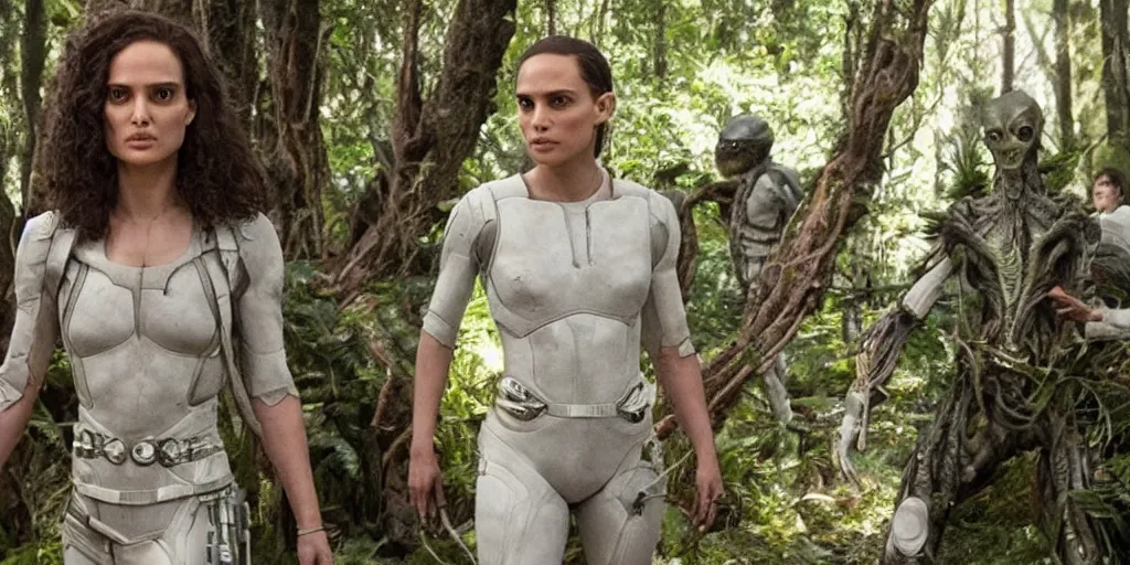 Prompt: the alien from annihilation, wub wub wub, fractal, iridescent chrome skin thin frame body, natalie portman is there too, oscar isaac is out of his mind, tessa thompson became a tree