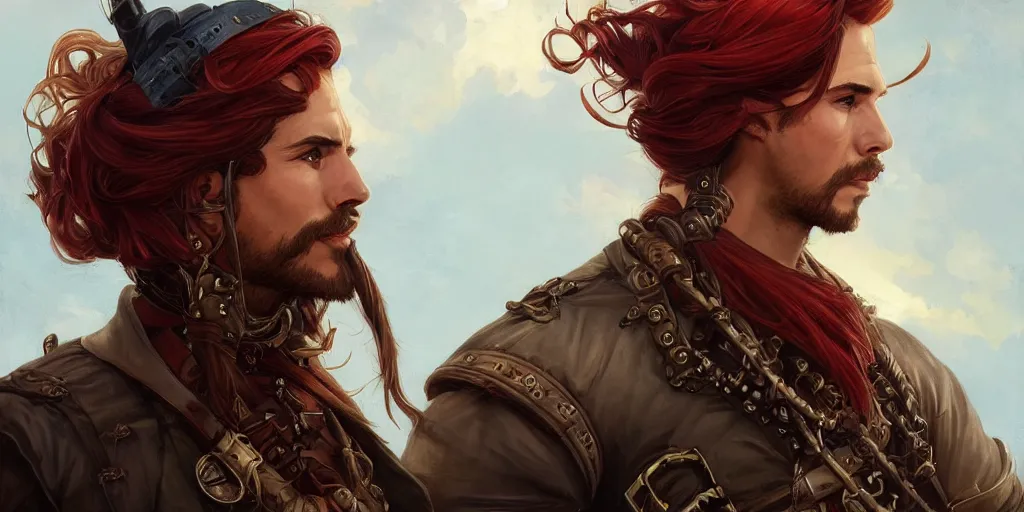 Prompt: 3 / 4 headshot of male airship pirate, d & d, handsome, fantasy, intricate, long hair, airship, steampunk, red hair, elegant, highly detailed, digital painting, artstation, concept art, smooth, sharp focus, illustration, art by artgerm and greg rutkowski and alphonse mucha