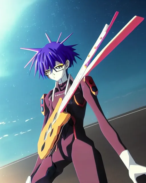 Prompt: anime illustration of black evangelion eva - 0 1 standing on an empty highway holding a steampunk guitar at night, cinematic lighting, evangelion anime poster, rebuild of evangelion 1 0 8 0 p, 9 0 s anime aesthetic, volumetric lights, rule of thirds, unreal engine render, pinterest wallpaper, trending on artstation