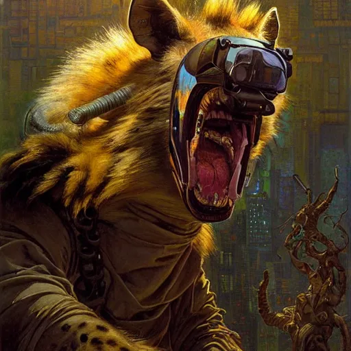 Image similar to portrait of a hyena gnoll doctor scientist. shadowrun furaffiniy cyberpunk fantasy highly detailed painting by gaston bussiere craig mullins jc leyendecker gustav klimt artgerm greg rutkowski john berkey, bergey, craig mullins, ruan jia, raymond swanland, jeremy mann, tom lovell, alex malveda