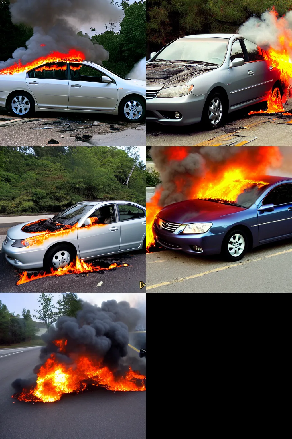 Prompt: 2 0 0 4 honda accord on fire causing a 2 0 0 1 mazda 6 2 6 to catch fire, taken from a 2 0 0 5 digital camera.