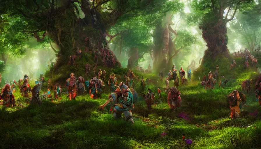 Image similar to Dwarves with baskets walking in a huge colorful forest, hyperdetailed, artstation, cgsociety, 8k