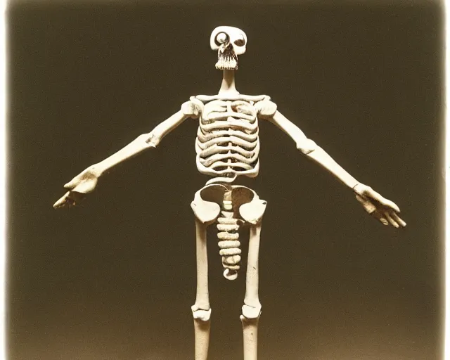 Image similar to a bipedal creature made of clay and bones in the style of jan svankmajer. 1 6 mm photograph