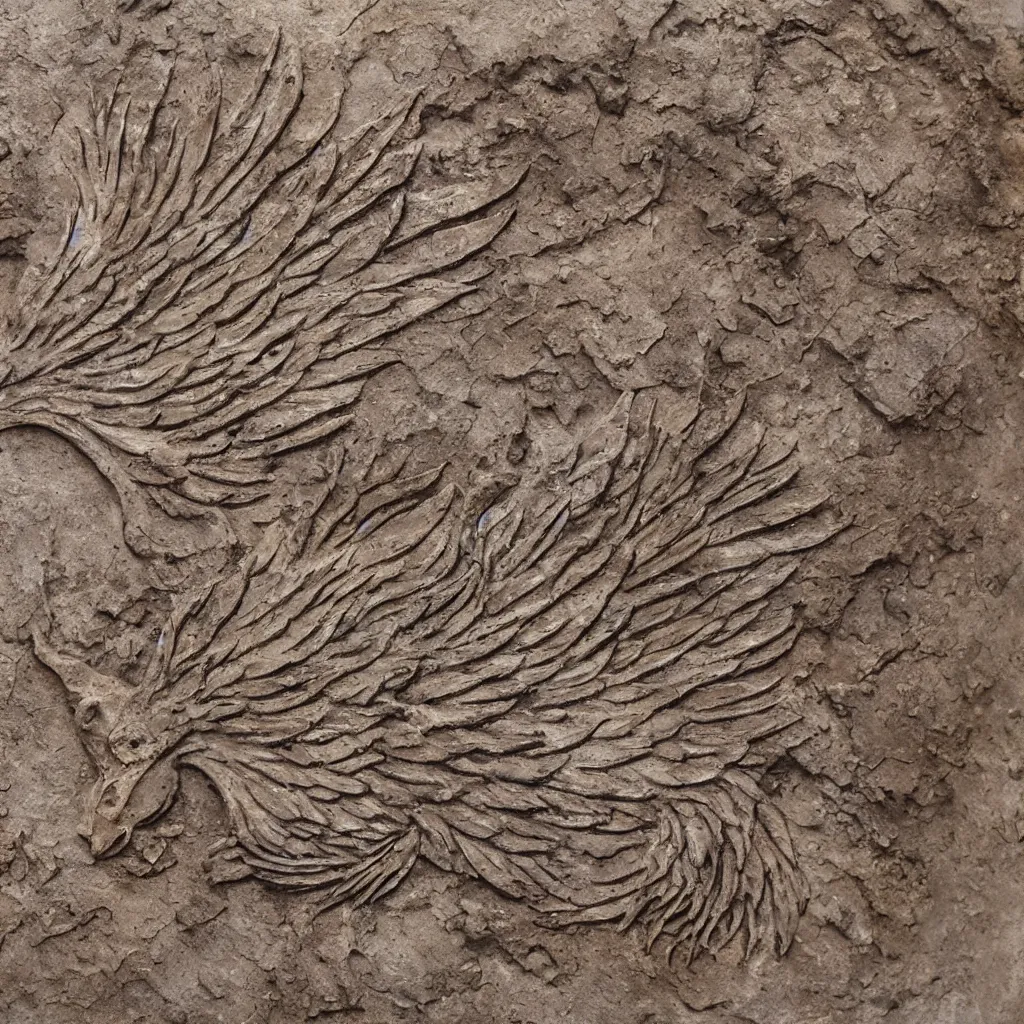 Image similar to a fossilized phoenix, museum photo