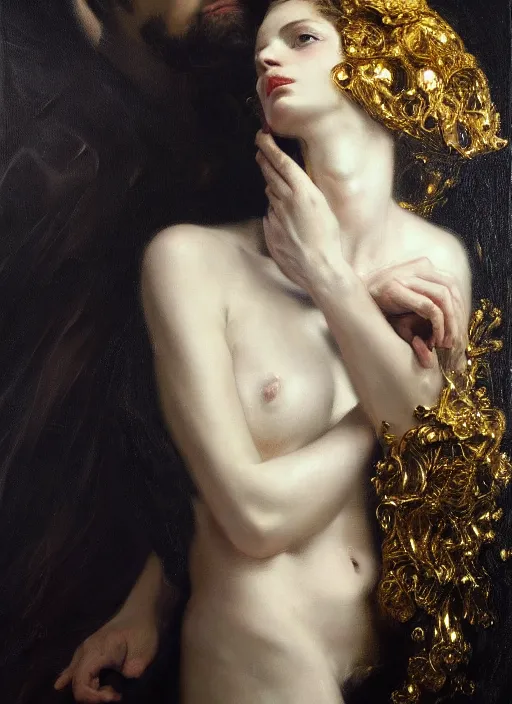 Image similar to highly detailed oil painting | very intricate | cinematic lighting | black, white and gold color scheme, dark background | god whispering on beethovens ear by alexander mcqueen | by roberto ferri, by gustav moreau, by singer sargent and klimt, american romanticism, occult art | by austin osman spare, artstation, cgsociety, official art, octane