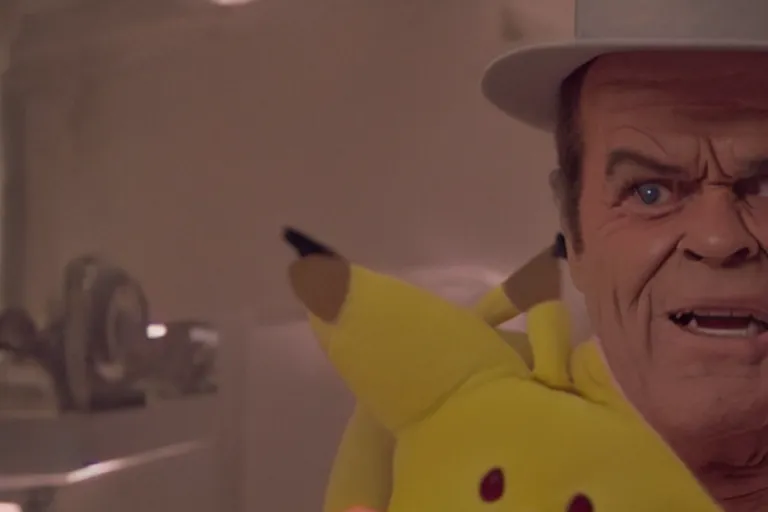 Image similar to Jack Nicholson in costume of Pikachu Terminator scene where his endoskeleton gets exposed and his eye glow red still from the film