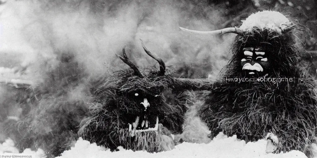 Image similar to 1 9 2 0 s photography of krampus hay monster burning on a pyre, submerged in snow