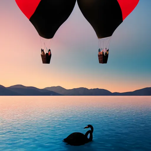 Image similar to photo of two black swans swimming in a beautiful reflective mountain lake, touching heads, forming a heart with their necks, a colorful hot air balloon is flying above the swans, hot air balloon, intricate, portrait, 8k highly professionally detailed, HDR, CGsociety, octane render, 4k