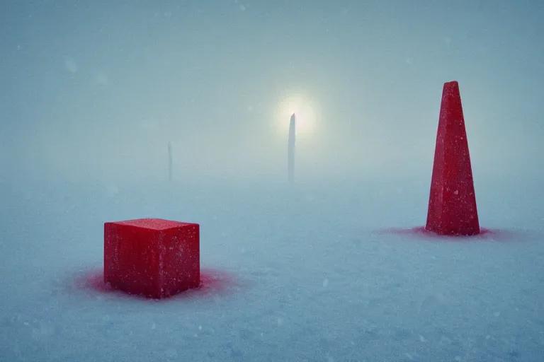 Image similar to a red tesseract buried in snow, surreal frozen landscape, 8 k, cinematic lighting, by beeple and zdzisław beksinski