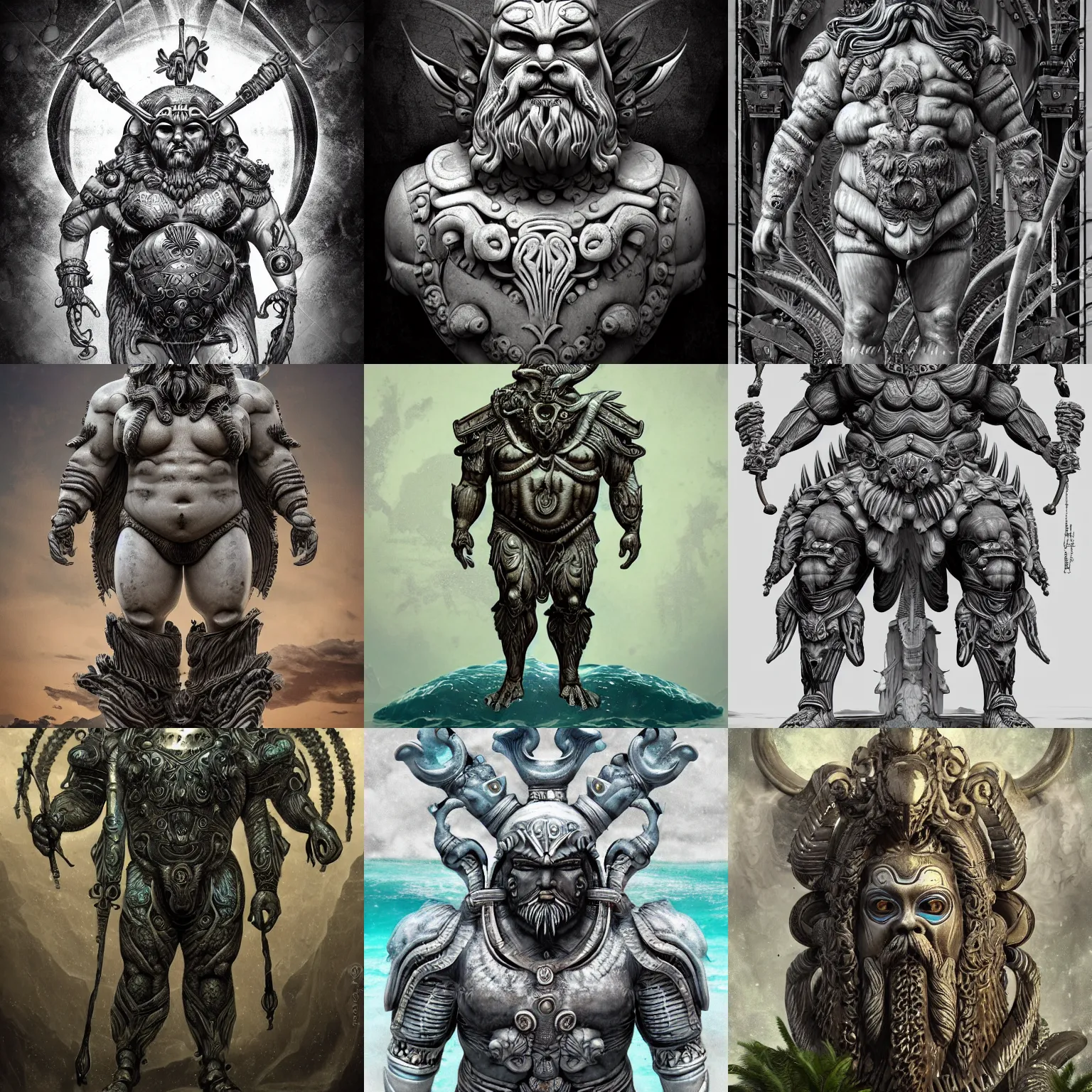 Prompt: fat greek god poseidon with white beard in ancient alien flora and fauna ocean sci-fi armor with ancient aztec decor, giger style, stylized, highly detailed, trending on artstation, award winning