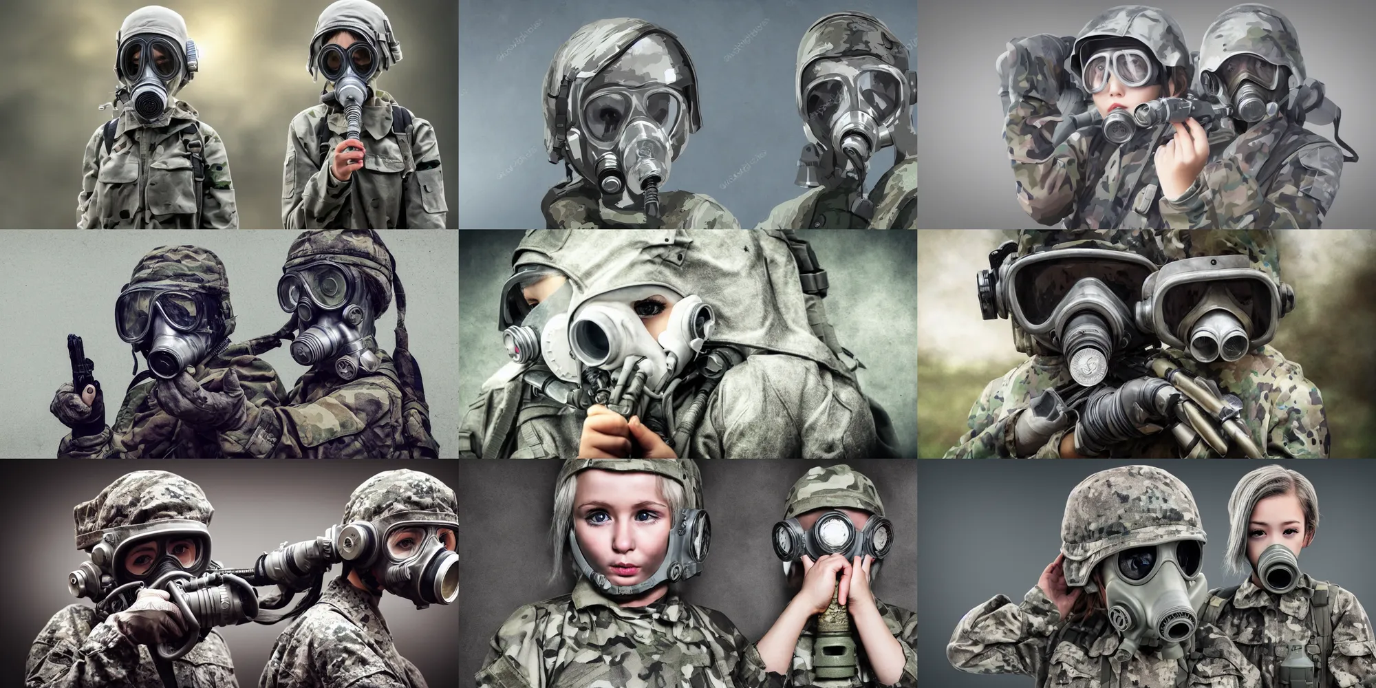 Prompt: girl silver hair, multicam uniform, gas mask, realistic illustration, cinematic