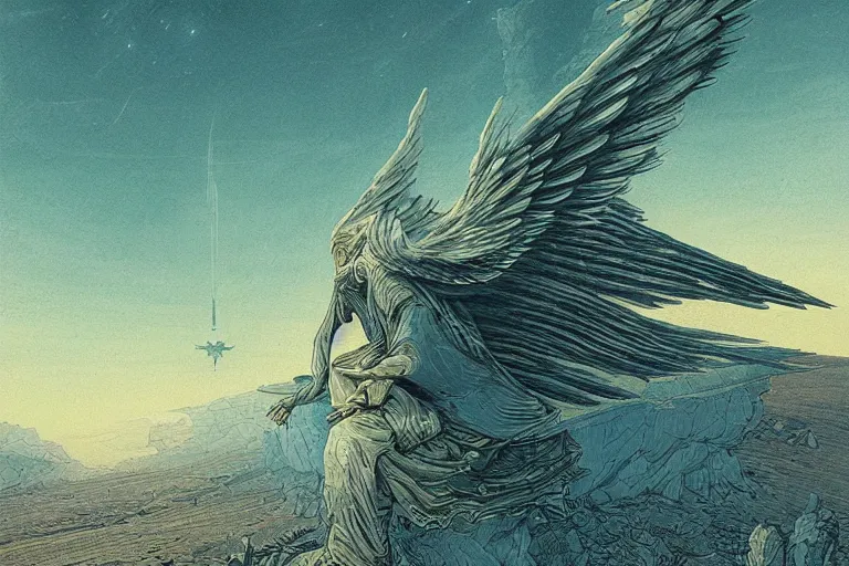 Image similar to Sacred appearance of a winged angel in the middle of a tortured and desolate landscape with a light and calm sky, by Kilian Eng, Kris Kuksi, Johfra Bosschart