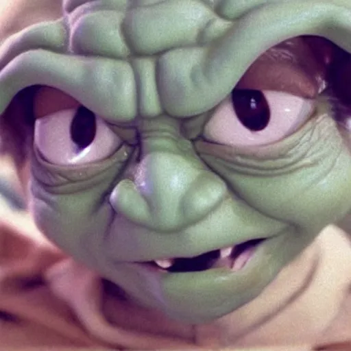 Prompt: extremely zoomed-in photo of Yoda looking very surprised with his mouth open