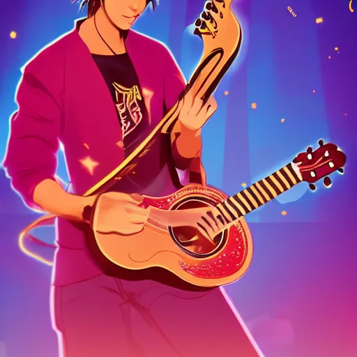 Image similar to a Jake Shimabakuro ukelele guitarist playing so intensely there is electricity shooting out from his guitar, energy beams under his finger tips, and magic sparkles from the freboard, amazing ditial art, trending on artstation, featured on deviantart