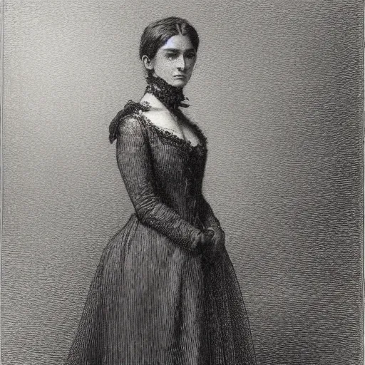 Image similar to realistic portrait of a victorian woman, illustration by Gustave Doré