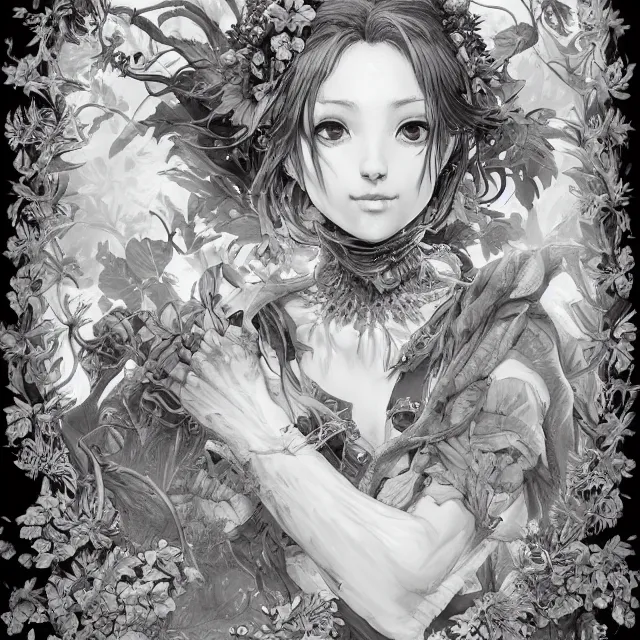 Image similar to the portrait of chaotic good female druid botanist as absurdly beautiful, gorgeous, elegant, young gravure idol, an ultrafine hyperdetailed illustration by kim jung gi, irakli nadar, intricate linework, sharp focus, bright colors, octopath traveler, final fantasy, unreal engine 5 highly rendered, global illumination, radiant light, detailed and intricate environment