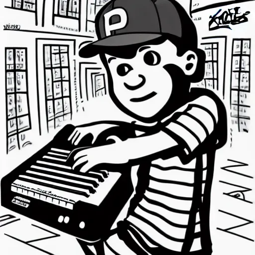 Prompt: cartoon line drawing illustration, in fine detail, of a kid, wearing a backwards baseball cap, playing a Korg MS-20 synthesizer, in the style of The Beano, pen and ink, black and white, long shot, white background, graffiti marker, graffiti character, 90s cartoon