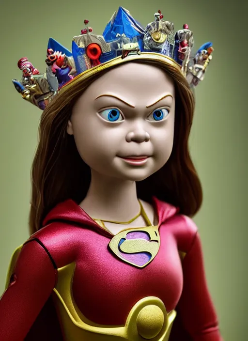 Prompt: closeup face profile portrait of a tin toy greta thunberg as supergirl as a fairytale princess wearing a crown, bikini, depth of field, zeiss lens, detailed, fashion photoshoot, by nicoletta ceccoli, mark ryden, lostfish, breathtaking, 8 k resolution, extremely detailed, beautiful, establishing shot, artistic, hyperrealistic, octane render