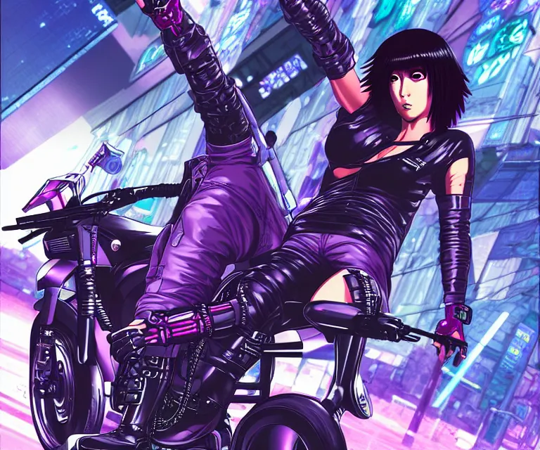 Image similar to motoko kusanagi riding a cyberpunk vehicle in a grungy cyberpunk megacity, bosozoku gang war, cyberpunk vaporwave, by phil jimenez, artgerm, sola digital arts, anti aliasing, raytracing