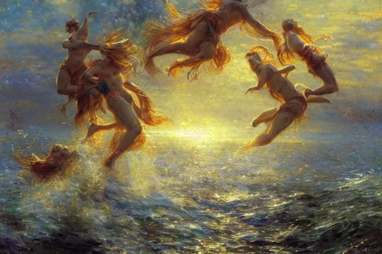 Image similar to portrait of goldfishes swarming the ocean. shadow and light. rays of light. energetic, dynamic, lively, detailed, intricate, complex. fine art by gaston bussiere.