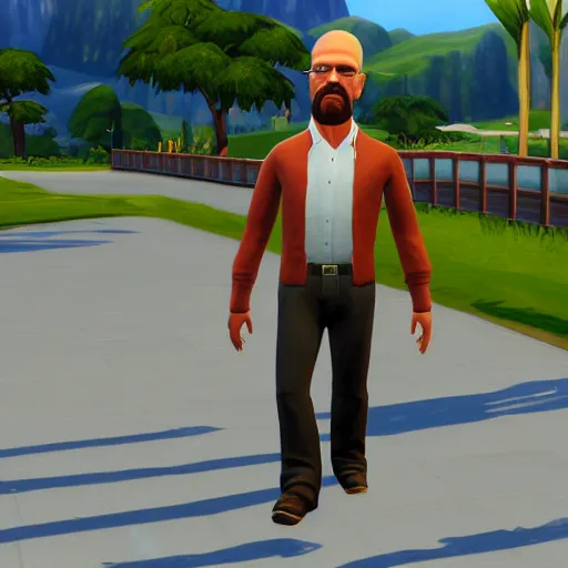 Image similar to videogame screenshot of walter white walking to work in the sims 4, realistic face