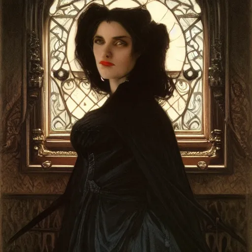 Image similar to portrait of a lady vampire, 35mm, 1800s, depth of field, DOF, ominous, sharp, highly detailed, photorealistic, realistic, unreal 5, high definition, 8k, deviantart, donato giancola, irwin penn, Alphonse Mucha