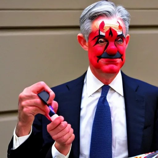 Image similar to Jerome Powell with colorful clown makeup all over his face