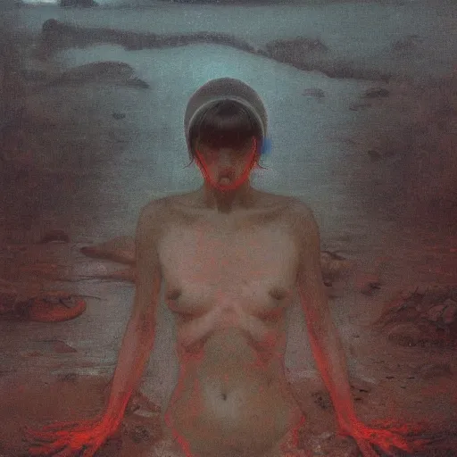 Prompt: shore of the lake, woman, wrapped around by tubes, heavy rain, bones, short black curly hair, glowing red, by edgar maxence and ross tran, zdzisław beksinski, un and michael whelan, distant, gustav dore, h. r. giger, 8 k, octane render